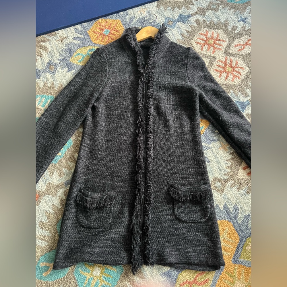 Tahari Dark Gray Cardigan with Fringe Details